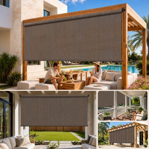 Mocha Outdoor Roller Shades 8' W x 8' H - Cordless Sunblock & Privacy Screen