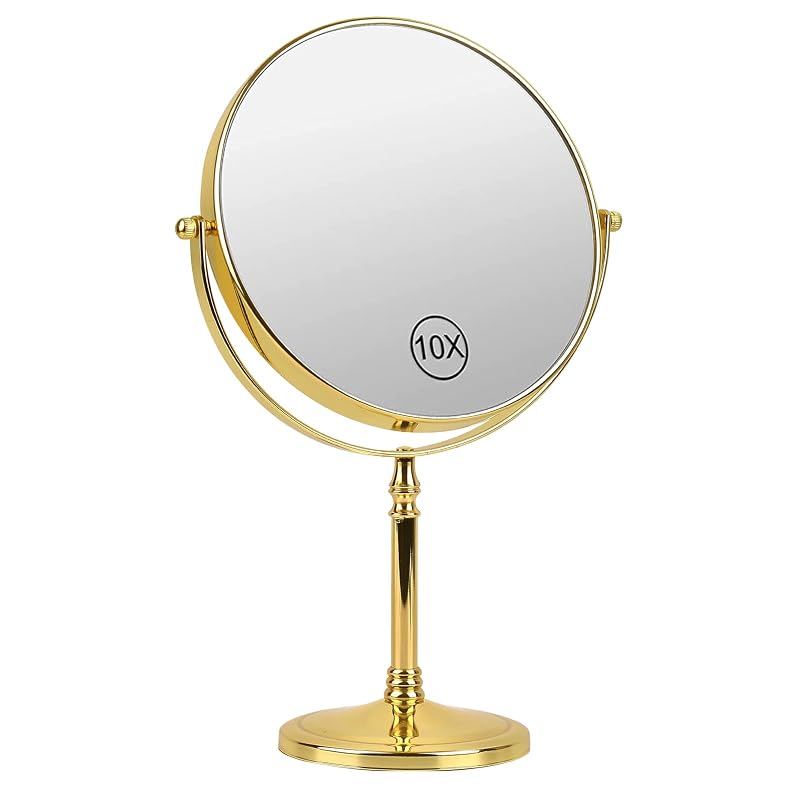 Ohotecy 8" Dual-Sided Tabletop Makeup Mirror with 10x Magnification - Chrome Finish, Variation: Gold