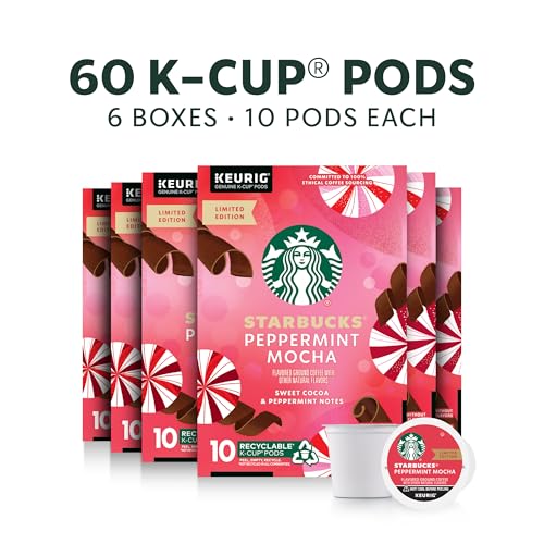 Starbucks Peppermint Mocha K-Cup Pods – 60 Pods (6 Boxes, 10 Count Pack) Naturally Flavored