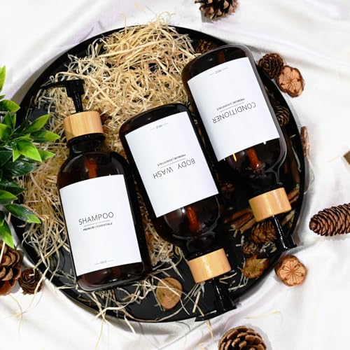 Shower Shampoo and Conditioner Bottles, Apothecary Dispenser Bamboo Pump, Refillable Bottles for Lotion Oil Hand Soap and Dish Soap, Plastic Set (3 Bottles 9 Labels) (3, Amber)