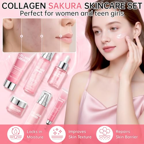 Collagen Sakura Skincare Gift Set Pink - 6 Pieces Moisturizing & Revitalizing Routine for Women & Teens