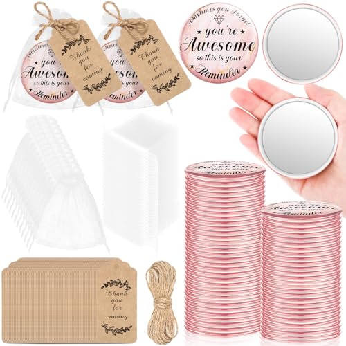 Tradder 50 Sets 2.76" Inspirational Compact Pocket Mirrors Bulk Galentines Appreciation Gifts Small Purse Makeup Mirrors Pink Souvenir Bags for Stuffer Items Women Quinceanera Employee (Awesome)