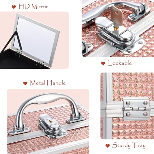 Costravio Glitter Pink Makeup Box with Mirror & Lock - Travel Organizer for Girls Women Kids