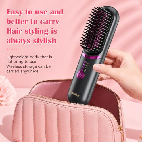 Hatteker Cordless Hair Straightener Brush Black – Portable Travel Flat Iron & Comb