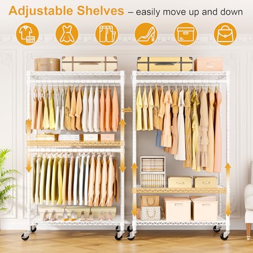 ULIFHOME P5 Rolling Clothes Rack White - Heavy Duty Garment Organizer with Adjustable Shelves & Double Rods
