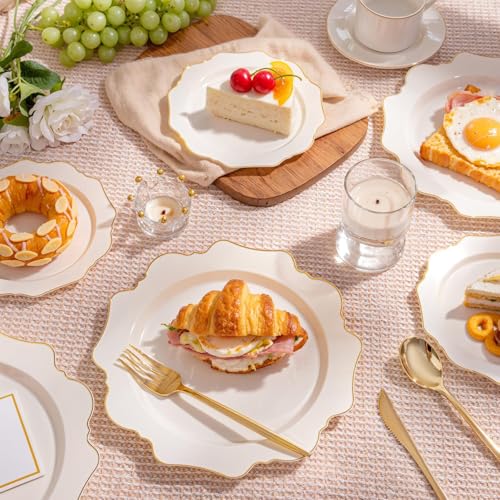Ivory Plastic Plates with Gold Rim - 200pcs Disposable Dinner & Dessert Plates - Variation of Ivory / 200
