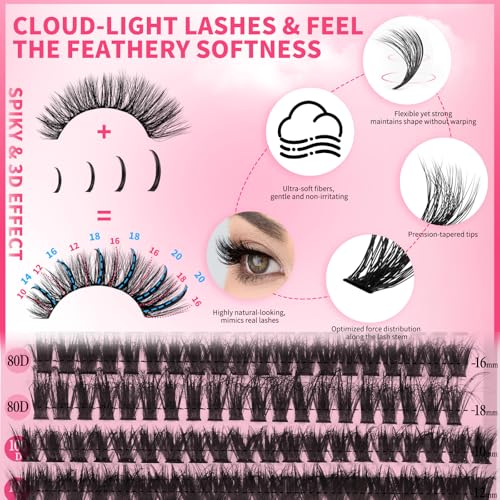 PROLASHBEAUTY Lash Clusters with Spikes Lash Clusters Kit 3D Style Individual Lashes Kit with Bond and Seal Lash Tweezers Remover Easy to Apply at Home (80D+100D-D-10-18mix)