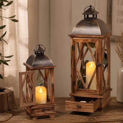 Decorative Wooden Lanterns Set of 2 - Rustic Farmhouse Indoor Outdoor Candle Holders