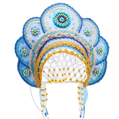 Russian Kokoshnik Headdress - Light Blue & Gold Festival Headpiece