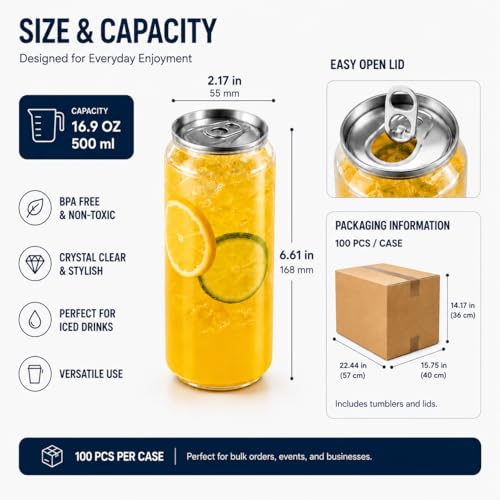Disposable Juice Cups with Lids 11 oz - Clear PET, 100 Pack, Variation of 16.9 Ounces / Standard Cup