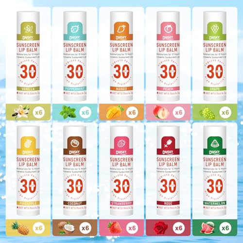 DMSKY SPF 30 Sunscreen lip balm 60 Pack, SPF Lip Balm Bulk, Broad Spectrum UVA/UVB Protection, Bulk Lip Sunscreen for Dry Cracked Lips-10 Flavors