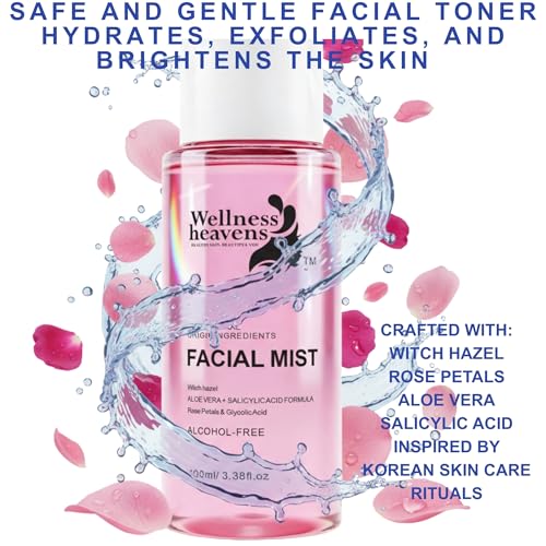 Witch Hazel Toner, Hydrating, Refreshing Face Mist, Rose Water with Salicylic, & Glycolic Acid, Zero Pore Cleanser, Removes Makeup, Dirt, Oil, Fades Dark Spots & Minimizes Pores, Alcohol-Free, 100 ml