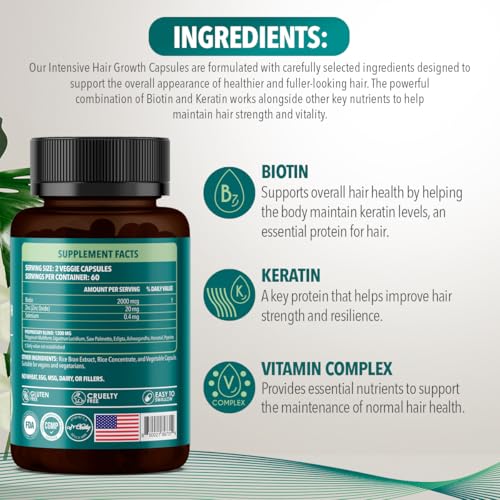 Intensive Hair Growth Capsules 60 Count - Fuller Stronger Hair Support - Made in USA