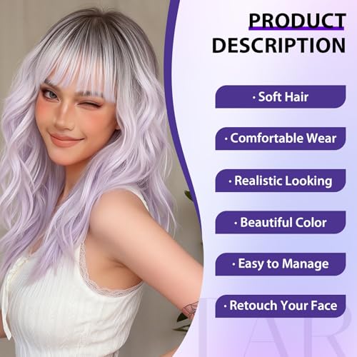 Testar Ombre Purple Wig for Women 20 Inch with Bangs Synthetic Curly Hair