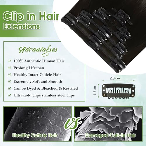 TOHASI Natural Black 1B# 18 Inch Human Hair Clip-In Extensions - Seamless, Tangle-Free, Easy to Apply