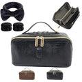PU Leather Makeup Bag for Women, Structured Travel Cosmetic Organizer with Wide Opening, Water-Resistant Crocodile Grain Style - Black