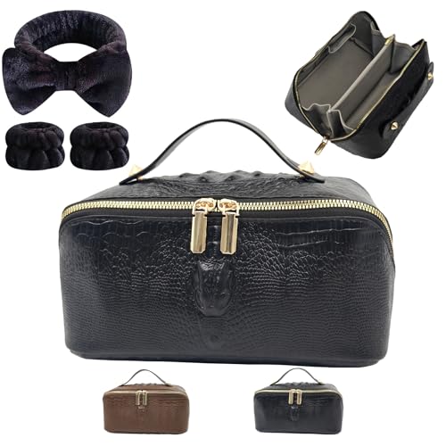PU Leather Makeup Bag for Women, Structured Travel Cosmetic Organizer with Wide Opening, Water-Resistant Crocodile Grain Style - Black