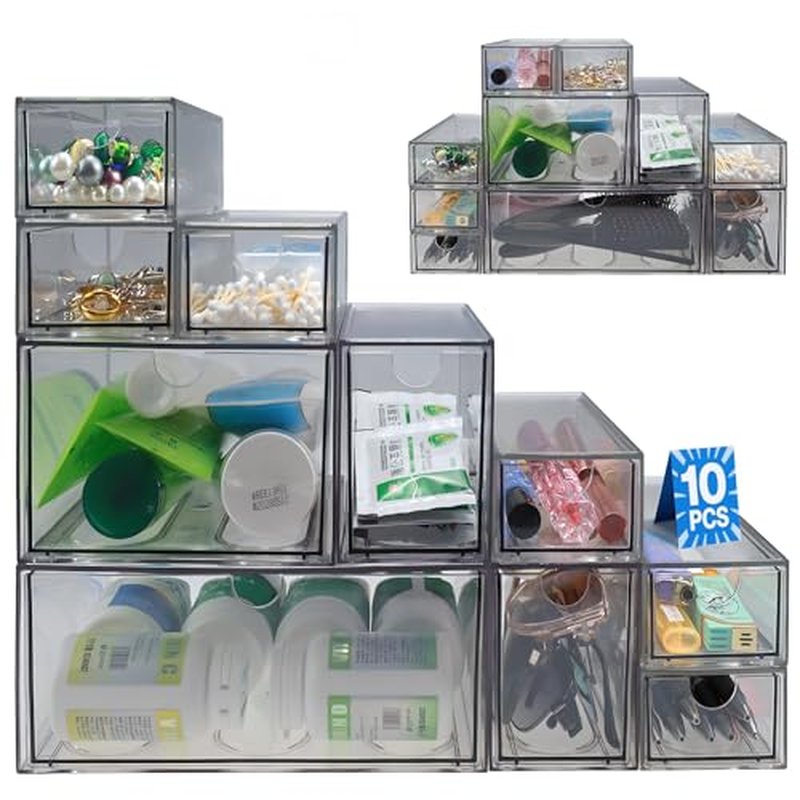 10 Pack Acrylic Storage Drawers Plastic Drawers Storage Clear Stackable Display Bins for Fridge Organizers Small Plastic Drawer for Makeup Organizers Cosmetic Display Case