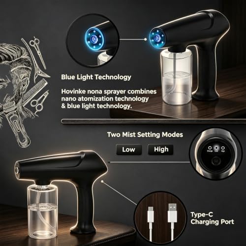 Black Barber Spray Bottle with Blue Light - Rechargeable Nano Mist Atomizer for Stylist & Home Use