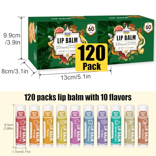 120 Pack Natural Lip Balm Set - Moisturizing Flavored Lip Care with 10 Varieties C-120