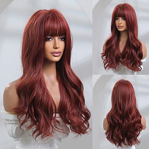 Dark Red Burgundy Wavy Wig for Women - Realistic Synthetic Hair, Heat Resistant, Long Layered Style, Suitable for Halloween & Cosplay