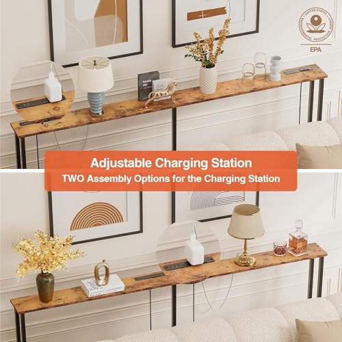 Keelian 102-Inch Rustic Brown Narrow Console Sofa Table with Power Outlets & USB Ports