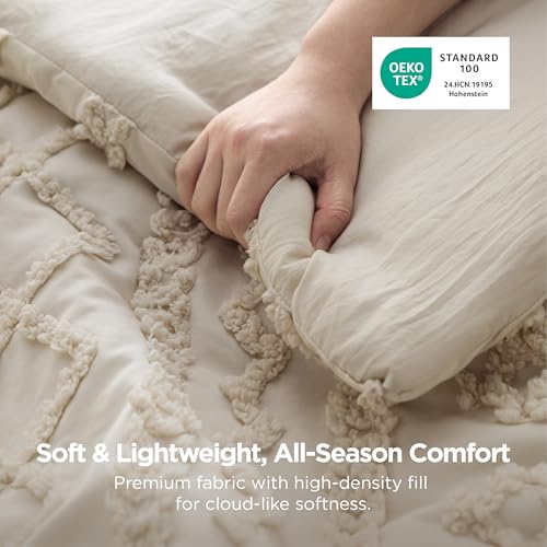 Oversized Queen Boho Comforter Set - Beige Bedding with Embroidered Tufts