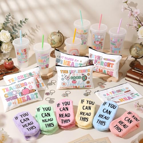 Bright Teacher Appreciation Gift Set with 24 oz Tumblers Socks Makeup Bags & Keychains - Back to School