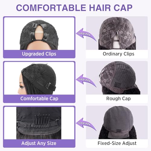 Natural Black 20in Kinky Straight V-Part Wig 180% Density, Glueless U Part Short Clip-In