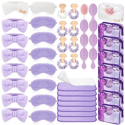 48 Pcs Bridesmaid Proposal Gifts Set Include Headband Scrunchies Hair Sleep Eye Mask Hairbrush Makeup Remover Cloth and Makeup Bag for Bridal Shower Party Bridesmaid Wedding(White,Purple)