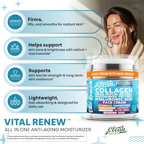 Vital Renew Snail Mucin Collagen Face Cream Daily Moisturizer Retinol Anti Aging Face Cream Niacinamide Peptides Hyaluronic Acid Vitamin C MSM Tripeptides Ceramides Licorice Arginine Aloe Vera