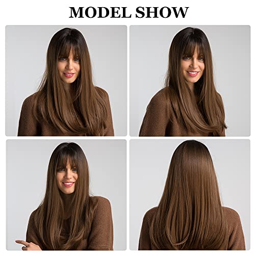 Esmee Long Straight Synthetic Brown Wig with Bangs - 20 Inch, Adjustable Cap, Cosplay & Fashion