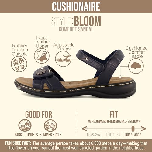 CUSHIONAIRE Bloom Women's Dress Sandals - Navy, Adjustable Straps & Memory Foam, Size 6