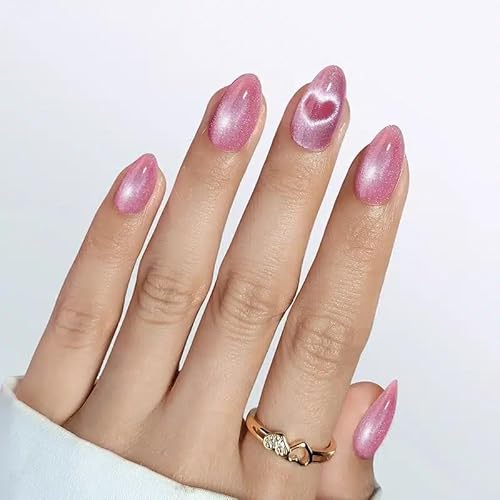 Press On Nails - Love Beam | Heart Cat Eye, UV Finish Almond Nails, Salon Quality | 32 Nails, 16 Sizes Kit with Glue and Adhesive Tabs I Female Founded - Beauty, Self Care