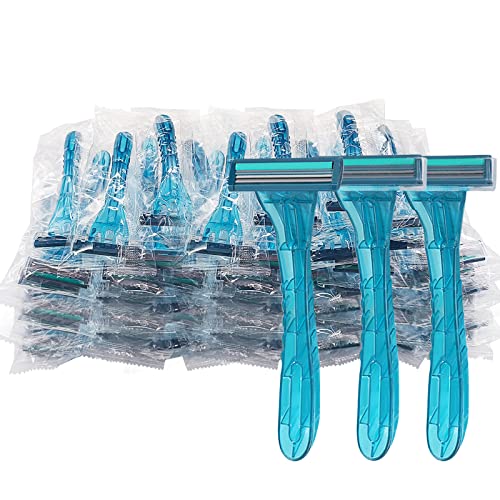 Blue Disposable Razors Bulk Pack - Individually Wrapped Twin Steel Blades for Travel & Hotel