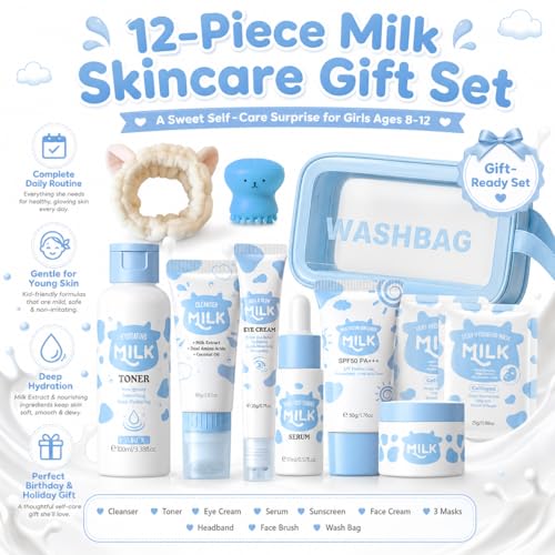 Kids Skincare Gift Set - 12 Piece Milk Facial Care Kit for Girls 8-12