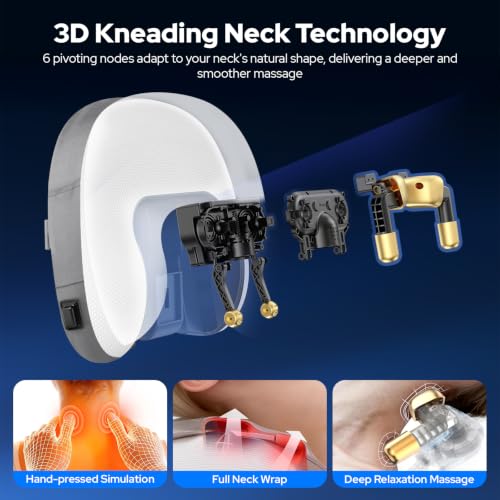 Relmalynne White 3-in-1 Cordless Neck Massager Pillow with Heat & Rolling Shiatsu