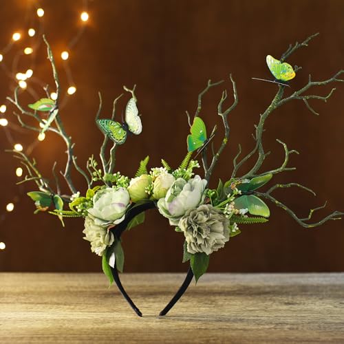 MOSTORY Green Butterfly Tree Headband - Handmade Woodland Floral Crown for Women