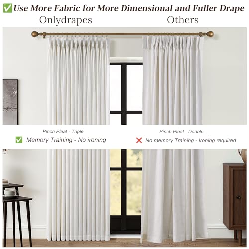 40W x 90L Linen Curtain Set - Natural Cream Triple Pinch Pleated Drapes for Living Room, 2 Panels