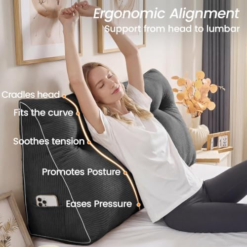 Sasttie Headboard Pillow Twin/Twin XL Dark Grey Wedge Pillow for Bed & Lounge