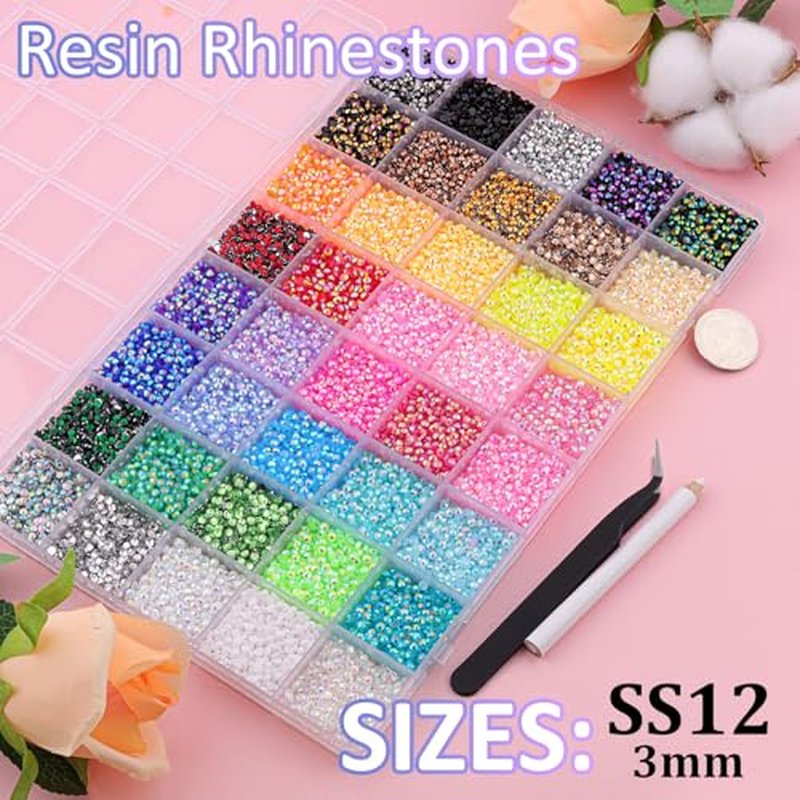 35000Pcs 40 Colors Jelly Rhinestones for Bedazzling, 3mm Multicolor Resin Flatback Gems for Diamond Art, Bedazzler Kit with 3Pcs 10ml B7000 Jewelry Glue for Crafting Book Shoes Nail Art