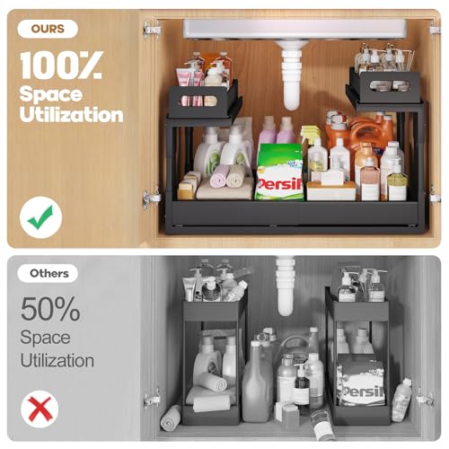 Expandable Under Sink Organizer 15.3-24.2 Inches Black 2-Tier Pull-Out Storage