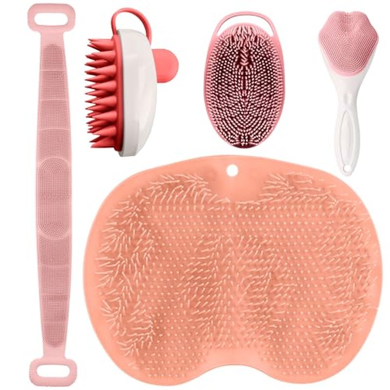 5 PCS Silicone Loofah Body Scrubber Care Set ? Back Scrubber, Face Brush, Foot Scrubber, Shampoo & Scalp Brush, Silicone Body Scrubber with Handle (Pink)