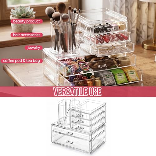 Acrylic Makeup Organizer 2 Tiers & 5 Drawers with Rotating Brush Holder - Clear Vanity Storage, Stackable & Space Saving, Variation: 2 Tiers 5 Drawers