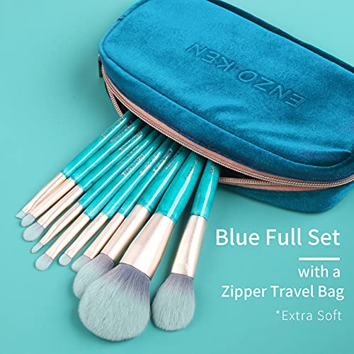 Blue Makeup Brushes Set with Case by ENZO KEN, Vegan Makeup Brush Set Professional, Cosmetic Brushes Makeup Set, Make up Brushes Vegan, Make up Brushes Set Professional, Wooden Makeup Brush Set Vegan