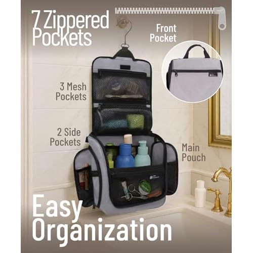 DD D&D Wanderlust D&D Hanging Travel Toiletry Bag for Men and Women ? Cosmetics, Makeup and Toiletries Organizer Kit with 10 Compartments, Zippers, XXL Metal Swivel Hook, Water-Resistant Nylon
