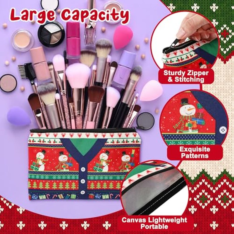 24 Pcs Christmas Makeup Bags Bulk Cosmetic Bags 7 x 4.33 Inches Zipper Portable Pouch Purses Gifts for Women Holiday Travel Xmas Party Supply(Ugly Sweater)