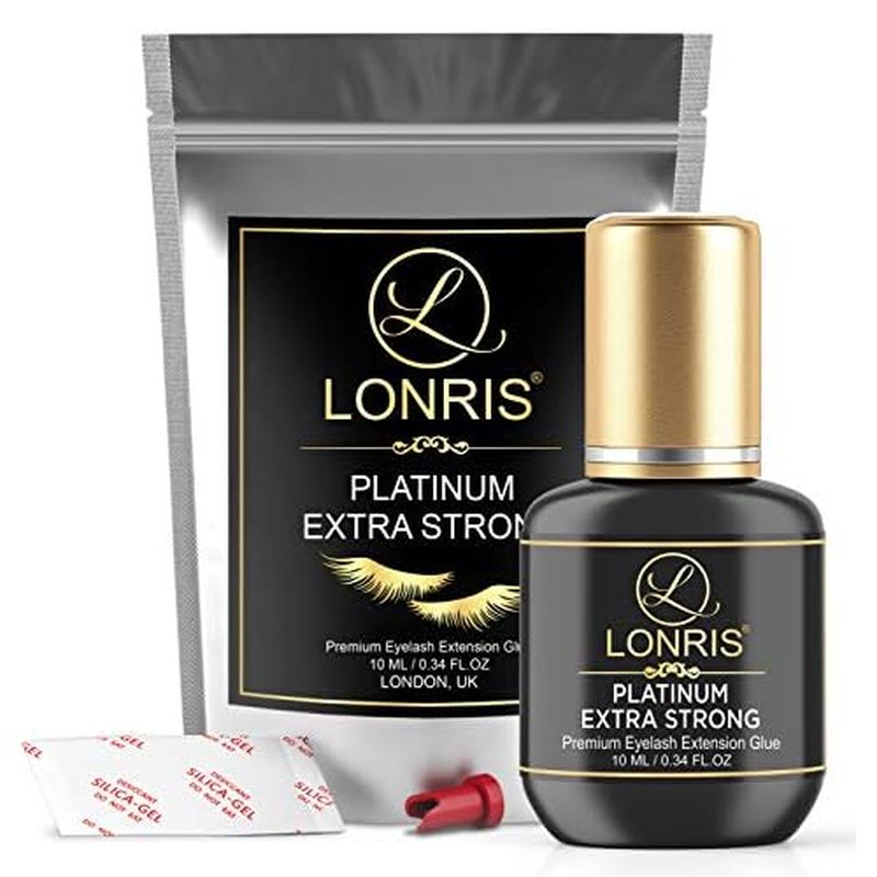 8-9 Weeks Retention/Volume Eyelash Extension Glue/Platinum Extra Strong LONRIS Lash / 0.5-1 Sec Drying time/Maximum Bonding/Semi-Permanent Extensions Supplies/Professional Use Black Adhesive (10 ML)
