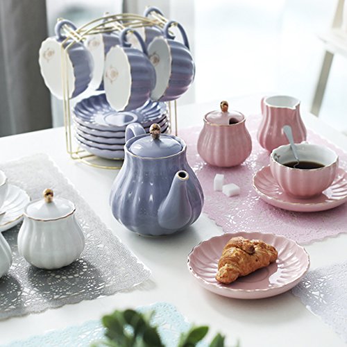 White Porcelain Royal Tea Set for 6 with Teapot Sugar Bowl & Strainer - 8 OZ Cups