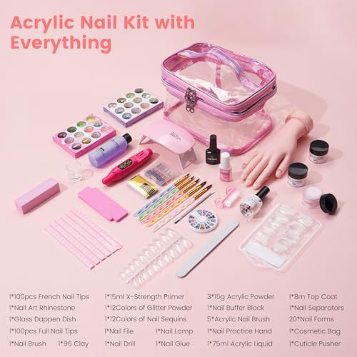 Nail Kit for Beginners with Everything: Professional Nail Acrylic Powder Liquid Set with Practice Hand Drill U V Light in Cosmetic Bag for Women Salon Home (Pink)